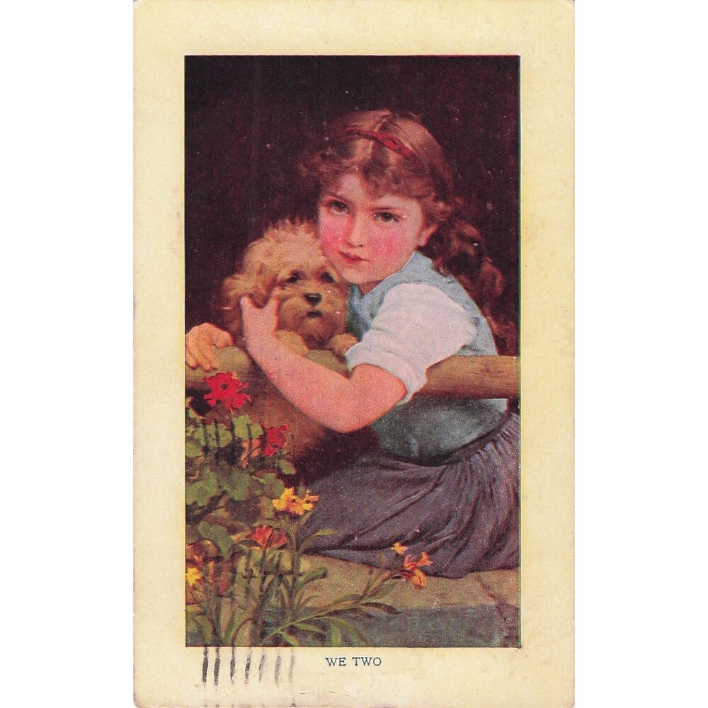 Girl With Dog Postcard WE TWO Child Puppy 1910 Posted Antique Washington Iowa